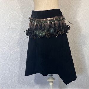 Black Suede Skirt with Feather Trim